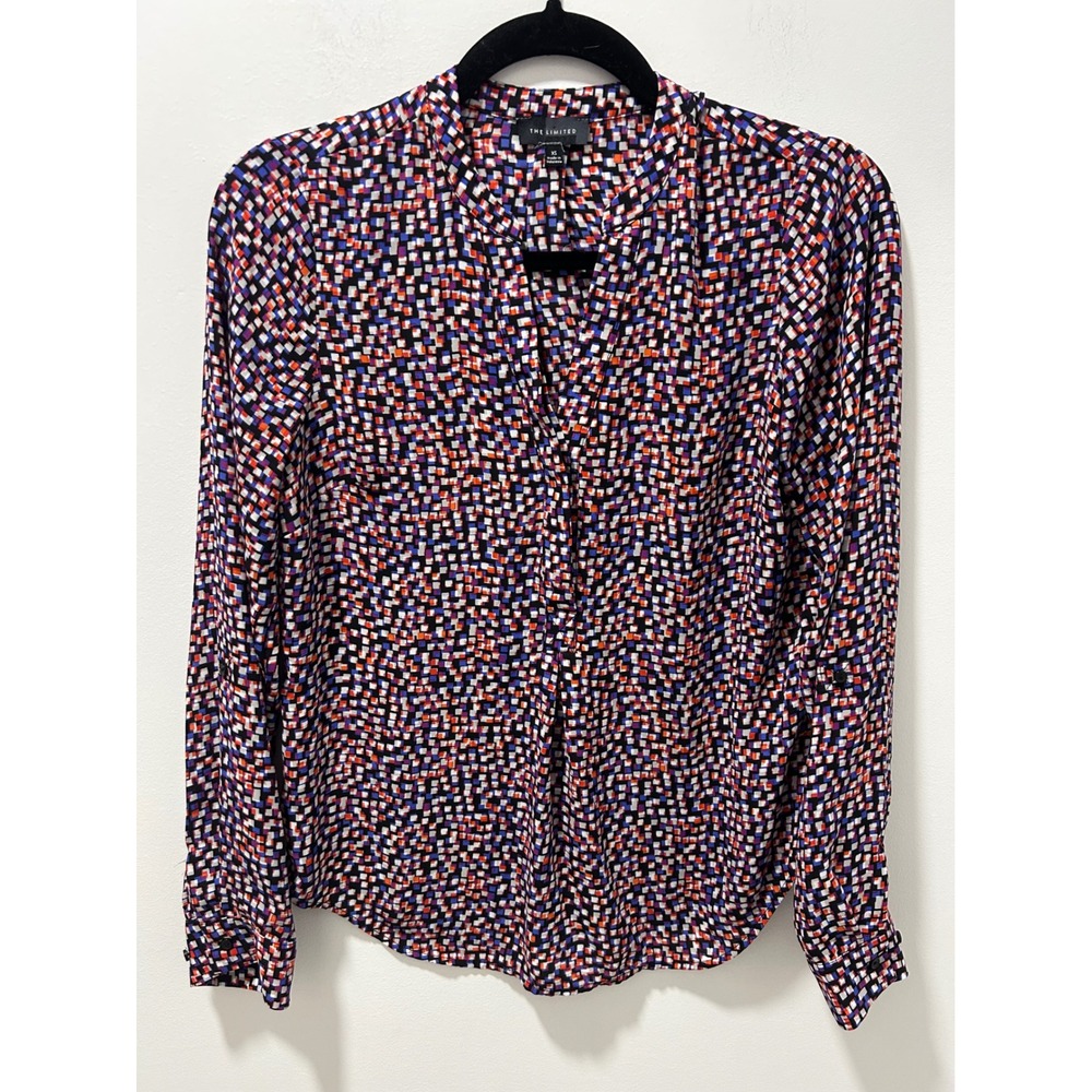 The Limited Womens XS Geometric Square Print Roll Tab Sleeve V-Neck Blouse Multi